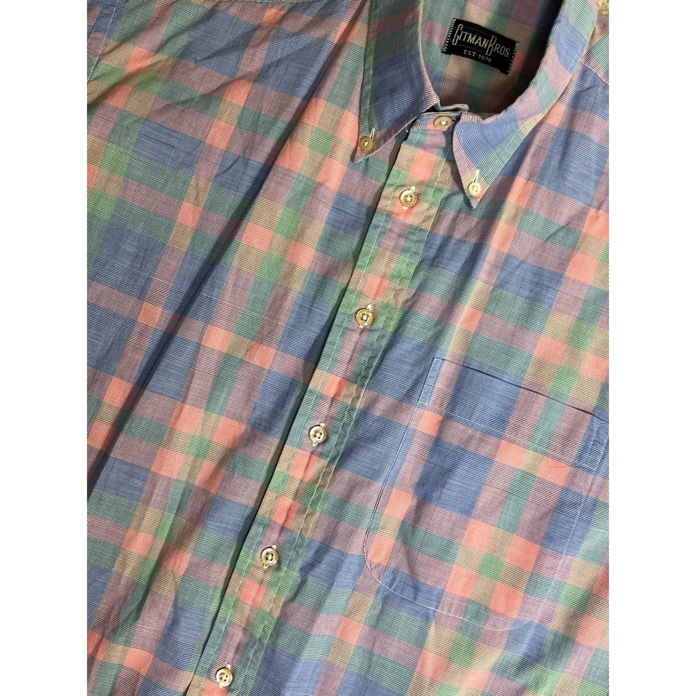 Gitman Bros Mens Large Short Sleeve Button Down Shirt Plaid Blue Pink Green L